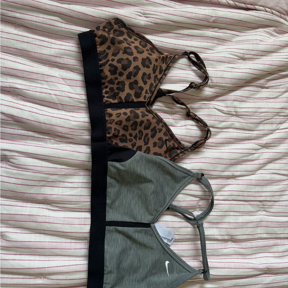 Nike Brown and Green Sports Bras with Bold Patterns